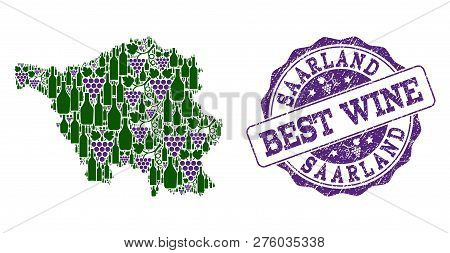 Vector Collage Of Grape Wine Map Of Saarland State And Grunge Stamp For Best Wine. Map Of Saarland S