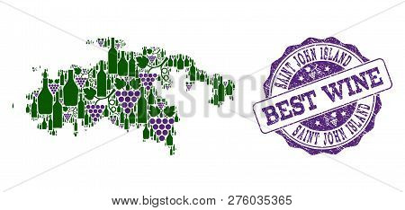 Vector Collage Of Grape Wine Map Of Saint John Island And Grunge Stamp For Best Wine. Map Of Saint J
