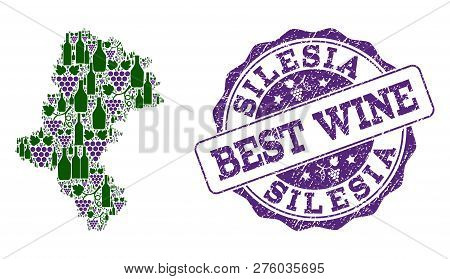 Vector Collage Of Grape Wine Map Of Silesia Voivodeship And Grunge Seal For Best Wine. Map Of Silesi