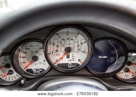 Moscow. November 2018. On-board Computer And White Dashboard Porsche Panamera Turbo. Tachometer, Spe