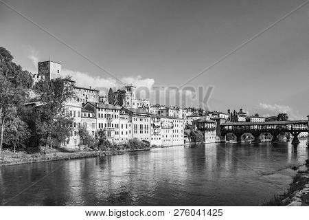 The Old Wooden Bridge Spans The River Brenta At The Romantic Village Basano Del Grappa