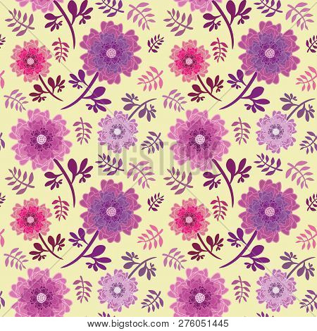 Elegant Pink And Purple Flowers And Leaves Seamless Vector Repeat Pattern On Soft Yellow Background.