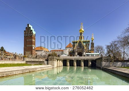 Mathildenhoehe With Russian Chapel And Wedding Tower In Darmstadt Under Blue Sky