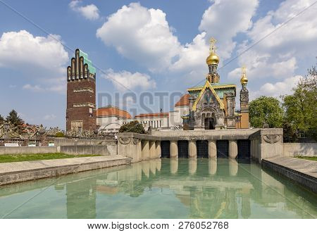 Mathildenhoehe With Russian Chapel And Wedding Tower In Darmstadt Under Blue Sky