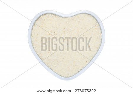 Semolina, Heart-shaped, Isolated, Close Up, Macro, Top View. Popular Flour In Cooking. Used For Maki