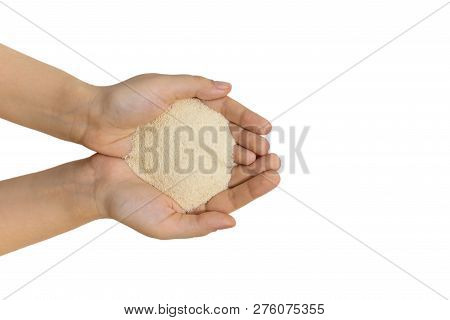 Semolina In Female Hands, Isolated, Close Up, Macro, Top View. Popular Flour In Cooking. Used For Ma