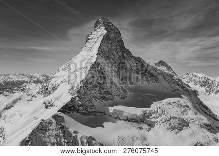 Aerial View Of Majestic And World Famous Matterhorn Mountain, Switzerland In Black And White