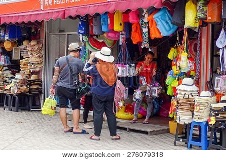 Kota Kinabalu,sabah-dec 20,2018:tourists Touring The Markets Of Kota Kinabalu,sabah Borneo,malaysia.