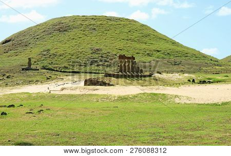 Single Moai Of Ahu Ature Huki And Seven Moais Of Ahu Nau Nau On Two Ceremonial Platforms At Anakena 