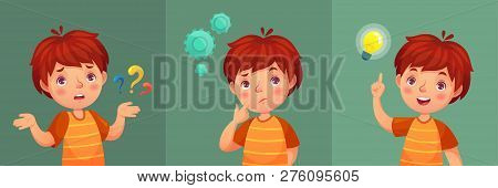 Child Question. Thoughtful Young Boy Ask Question, Confused Kid And Understand Or Found Answer Carto