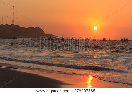 Sunset Over Mancora Beach With Fisher Boats, Peru