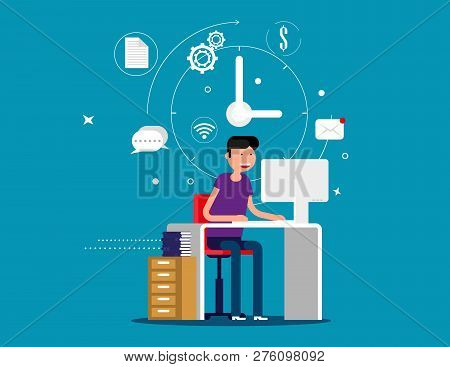 Designer Man Working With Creative Process Icons On Background. Concept Designer Vector Illustration