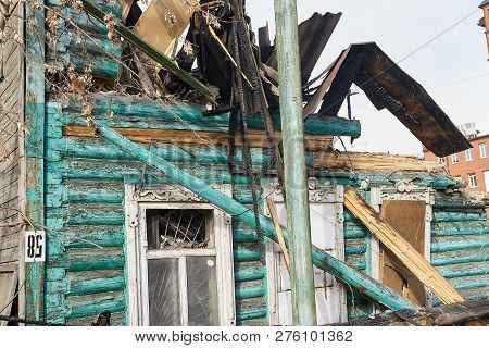 Demolition House. Building Renovation At City. Industrial Breaker.