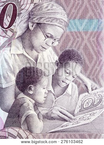 Female Teacher And Children Portrait From Botswana Money
