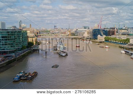 London, Uk - May 24, 2016: The River Thames In The City Of London Near Tower Bridge With The Light C