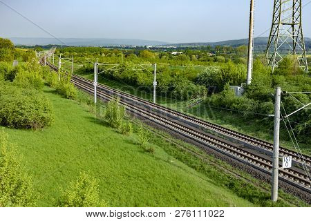Rails In Rural Green Landscape For German High Speed Train Intercity Express (ice)