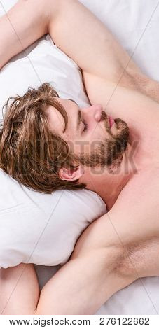 Expert Tips On Sleeping Better. Bearded Man Sleeping Face Relaxing On Pillow. How Much Sleep You Act