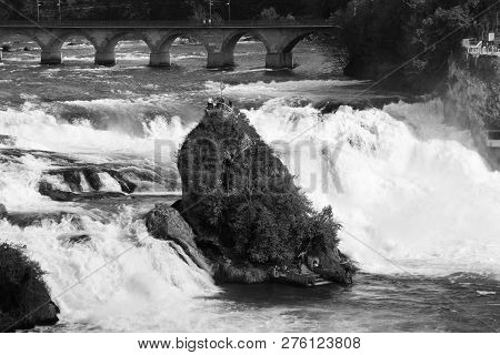 Rheinfall View With Center Rock And Bridge Over The Fall, Switzerland - Rhinefall Ist The Biggest Wa