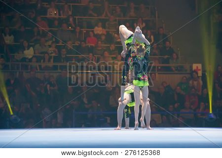 Moscow, Russia - November 16-17, 2018: Acrobats Daria Tikhomirova, Inna Yumashev And Sophia Polishch
