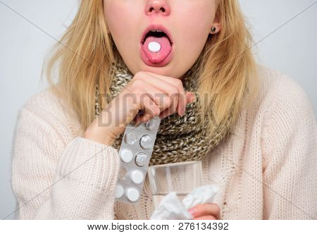 Woman Sick Person Hold Glass Water And Tablets Blister. Take Pills Relieve Fever. Drink Plenty Of Fl