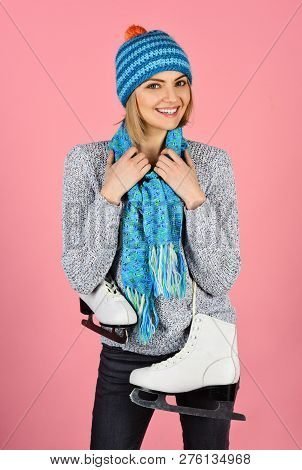 Happy Woman With Figure Ice Skates. Girl With Pair Of Professional Skates For Figure Ice Skating. Wo