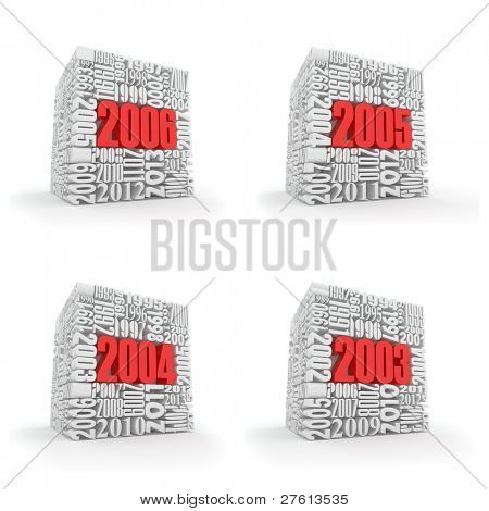 Nytår 2006, 2005, 2004, 2003. Terning består af numrene. 3D