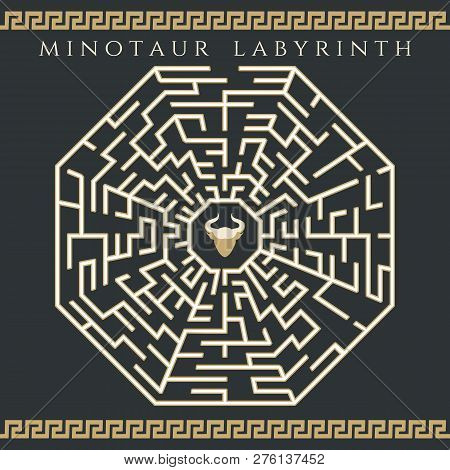 Maze Enigma. Vector Labyrinth Game, Ancient Map Jigsaw Or Circle Rebus With Minotaur Icon