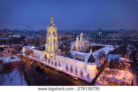 Aerial Winter View Of Novospassky Monastery At Dusk, Moscow, Russia