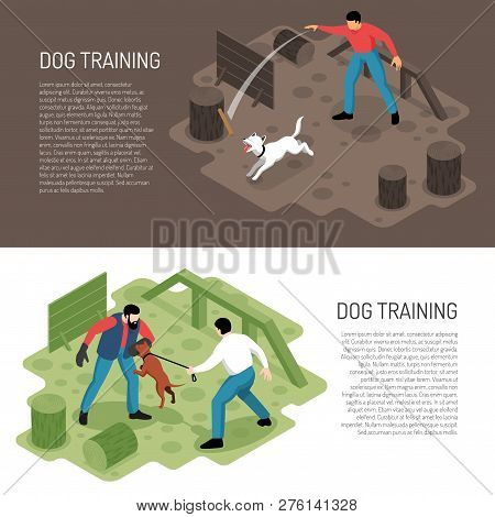 Cynologist Dog Training 2 Isometric Horizontal Banners With Park Playground Specific Tasks Learning 