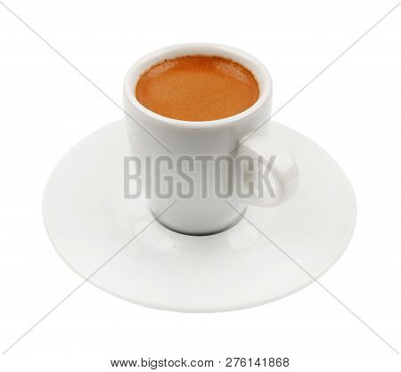 White Cup Full Of Espresso Coffee With Brown Crema, On Saucer, Isolated On White Background, High An