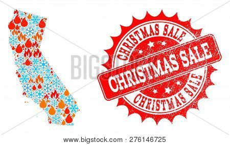 Composition Of Snowflake And Flame Map Of California And Christmas Sale Grunge Stamp Seal. Mosaic Ve