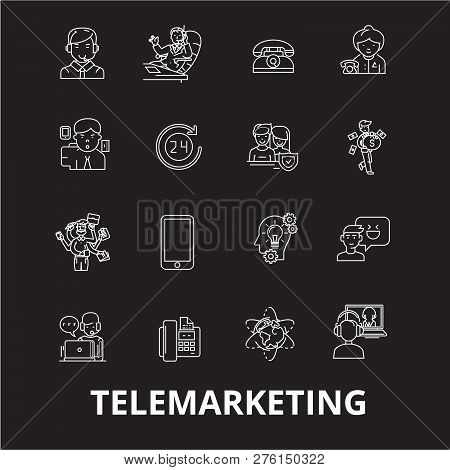 Telemarketing Editable Line Icons Vector Set On Black Background. Telemarketing White Outline Illust