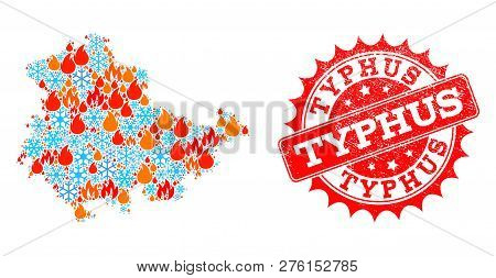 Composition Of Winter And Fire Map Of Thuringia State And Typhus Grunge Stamp Seal. Mosaic Vector Ma