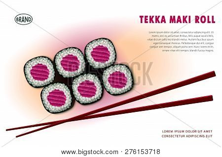 Menu Design Layout. Japaneese Food, Realistic Artwork Of Rolls And Sticks. Useful For Restaurant Adv