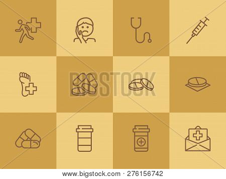 Medical Aid Line Icon Set. Stethoscope, Syringe, Pills. Medicine Concept. Can Be Used For Topics Lik