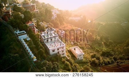Ancient Buddhist Monastery In Himalayas Nepal From Air