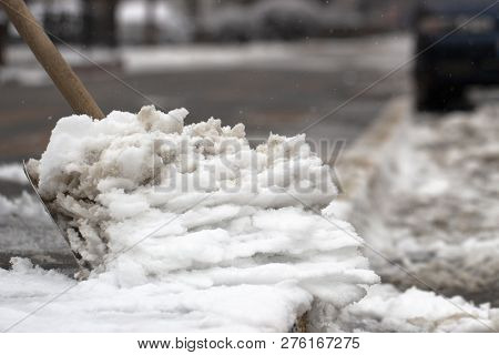 Man With Snow Shovel Cleans Sidewalks In Winter.