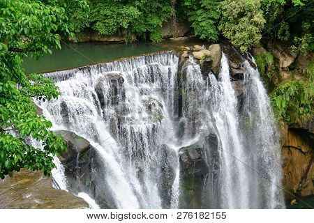 Beautiful Shifen Waterfall Scenery From Above, Shifen Waterfall Is A River Source Of Keelung River, 