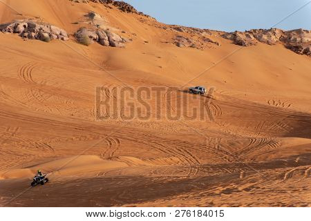 Big Red And Pink Rock, Sharjah, United Arab Emirates, December 28, 2018, Off-roading Is One Of The M