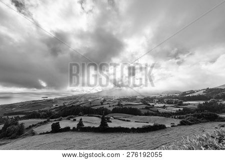 A Black And White View Of Pasture Land Trees Above The Town Of Ribeira Seca And Vila Franca Do Campo