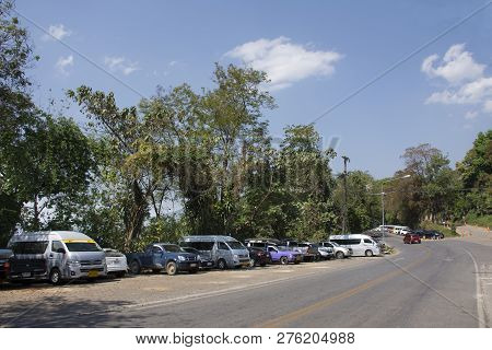 Thai People And Traveler Foreigner Stop Car At Parking For Walking Visit Doi Tung Royal Villa And Ma
