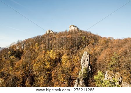 Autumn Sulovske Skaly Mountains With Sandstone Rocks, Colorful Forest And Clear Sky From Opasana Vyh