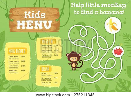 Kids Food Menu Design Template With Cute Character - Monkey On Green  Jungle Rainforest Background. 