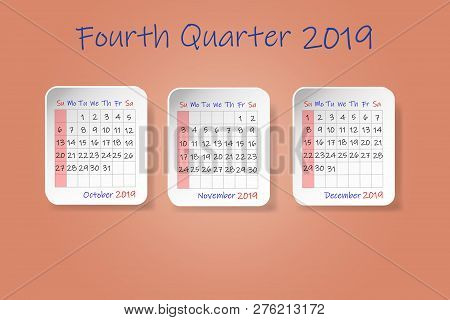 Calendar For Fourth Quarter Of 2019 Year. Week Start Sunday. All On The Ocher Color Background.