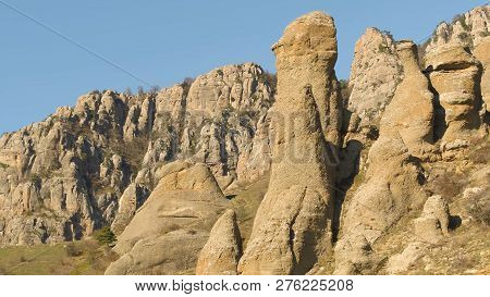 Picturesque Landscape Of Mountains With Green Small Trees On Peaks In Late Autumn. Shot. Beautiful, 