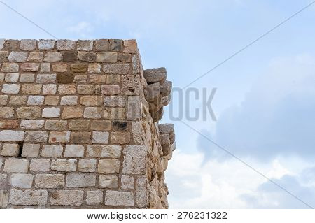 Al Jaya, Jordan, December 06, 2018 : Fragment Of The Corner Tower In The Medieval Fortress Ash Shuba