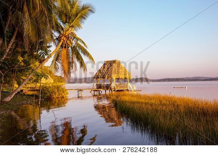 Sunset scene at the lake Peten Itza, Guatemala. Central America.
