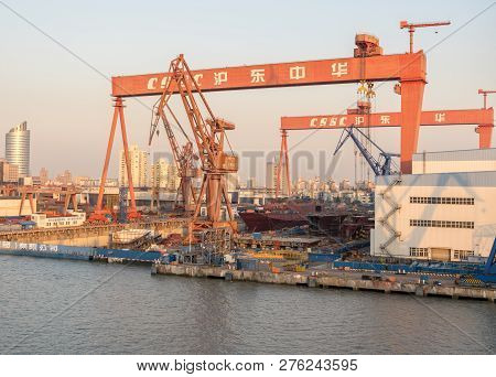 Shanghai, China - October 27, 2018: Shipbuilding Along Banks Of River Huangpu In Shanghai, China