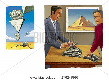 Falling Pyramids Of Dollars. A Man Builds A Pyramid Of Packs Of Dollars. Fraudulent Investment