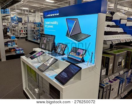 Fox Hills, Culver City, California -  October 25, 2018:  Samsung Logo And Tablet Pc Inside Best Buy 